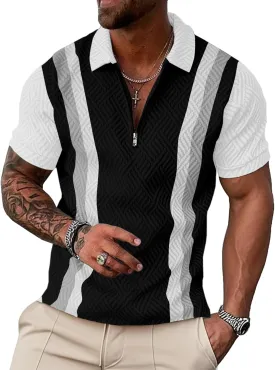 UOUA Men's Zipper Polo Shirts Short Sleeve Sweatshirts Soild Color Tops Striped Texture Casual Golf T