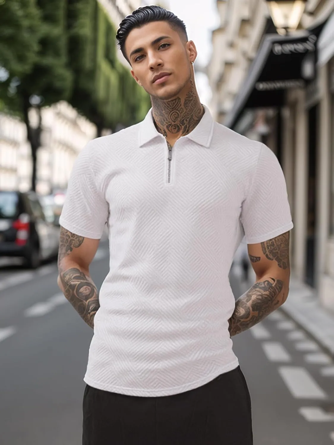 UOUA Men's Zipper Polo Shirts Short Sleeve Sweatshirts Soild Color Tops Striped Texture Casual Golf T