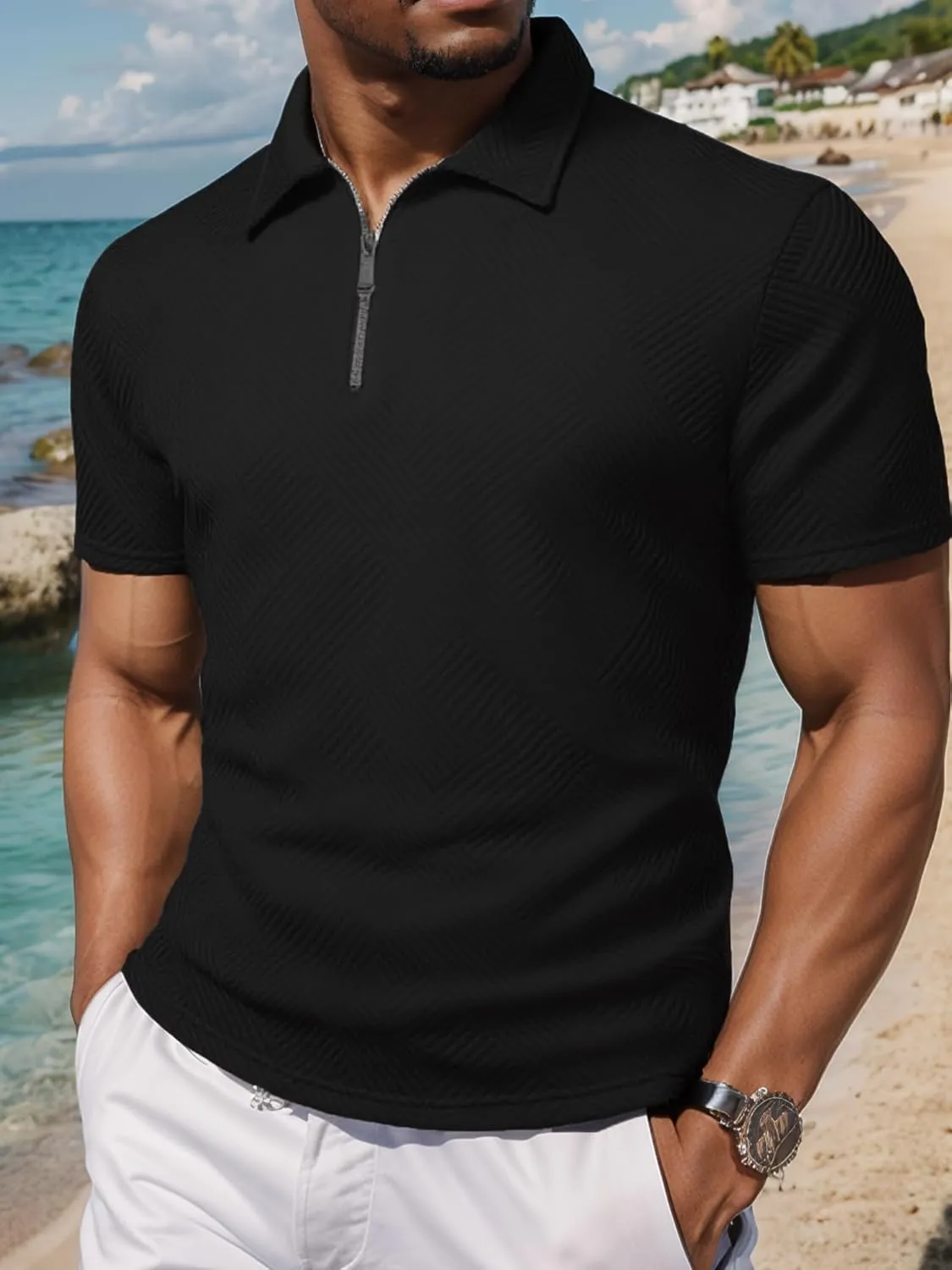 UOUA Men's Zipper Polo Shirts Short Sleeve Sweatshirts Soild Color Tops Striped Texture Casual Golf T