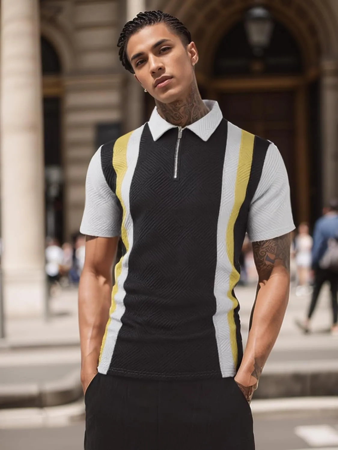 UOUA Men's Zipper Polo Shirts Short Sleeve Sweatshirts Soild Color Tops Striped Texture Casual Golf T