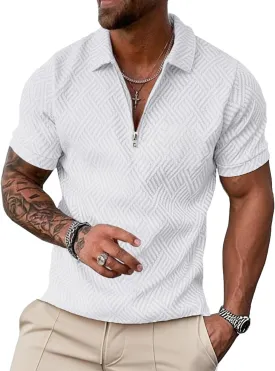 UOUA Men's Zipper Polo Shirts Short Sleeve Sweatshirts Soild Color Tops Striped Texture Casual Golf T