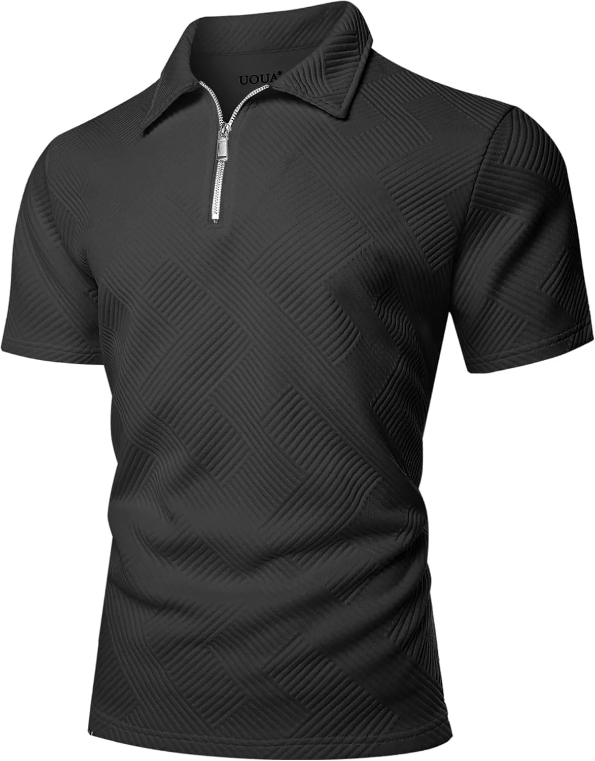 UOUA Men's Zipper Polo Shirts Short Sleeve Sweatshirts Soild Color Tops Striped Texture Casual Golf T
