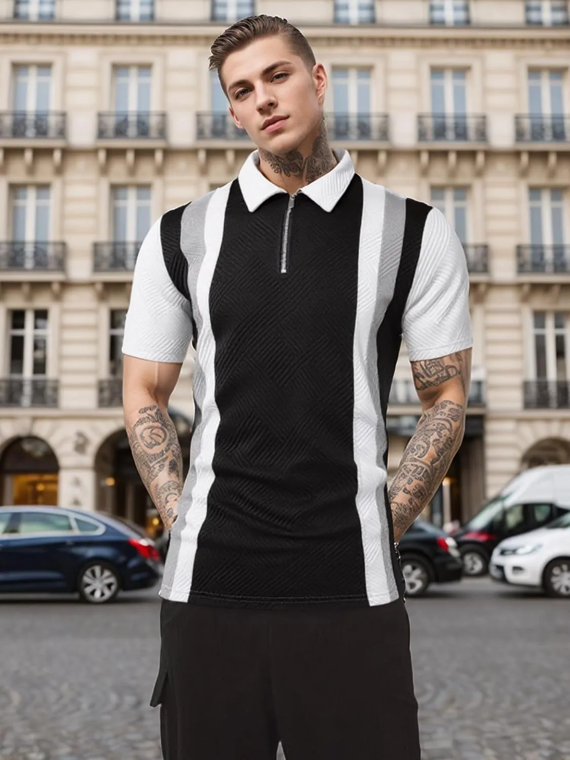 UOUA Men's Zipper Polo Shirts Short Sleeve Sweatshirts Soild Color Tops Striped Texture Casual Golf T