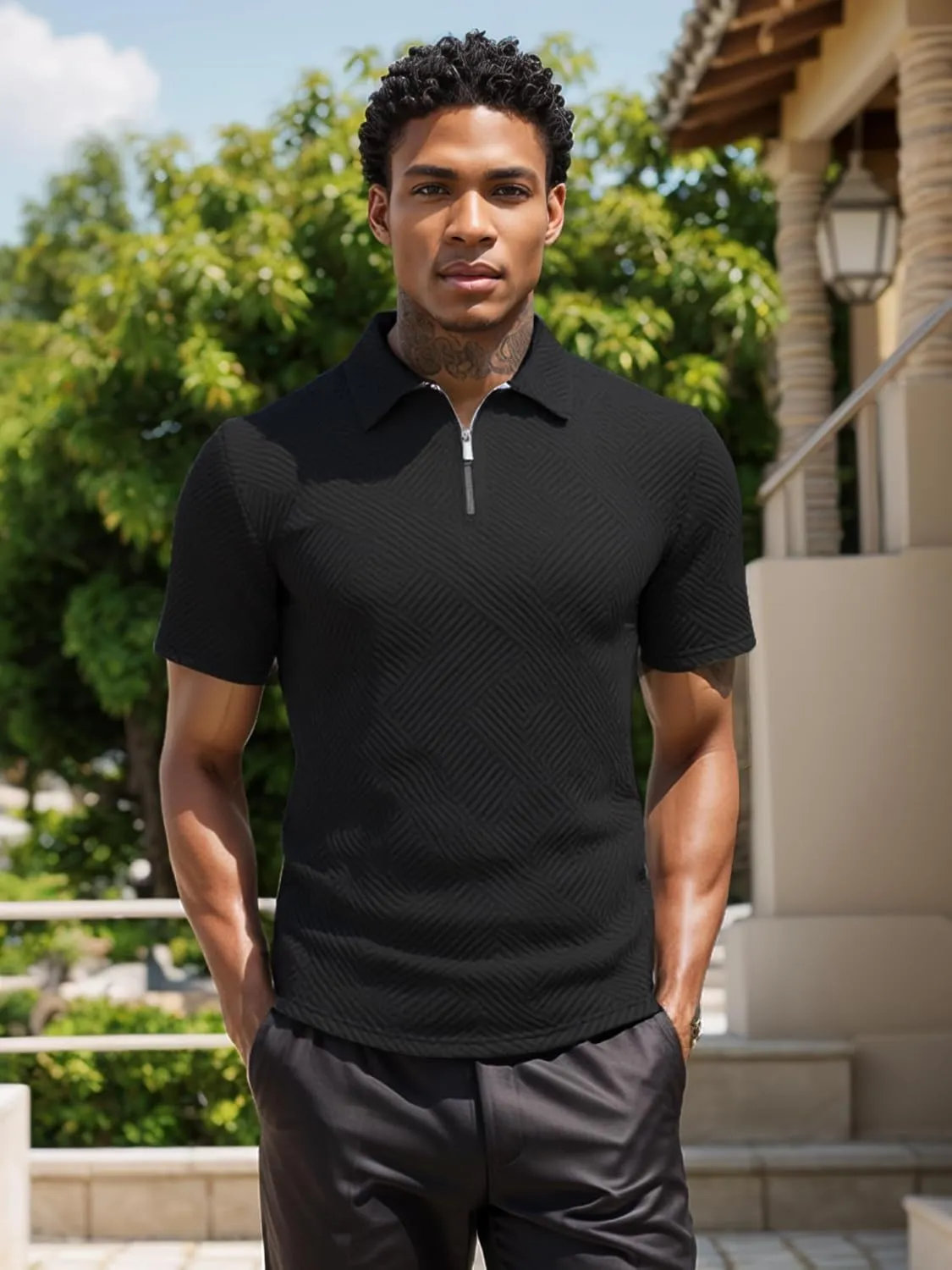 UOUA Men's Zipper Polo Shirts Short Sleeve Sweatshirts Soild Color Tops Striped Texture Casual Golf T