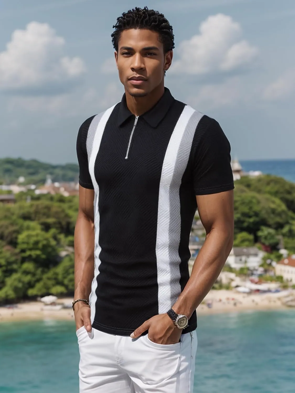 UOUA Men's Zipper Polo Shirts Short Sleeve Sweatshirts Soild Color Tops Striped Texture Casual Golf T