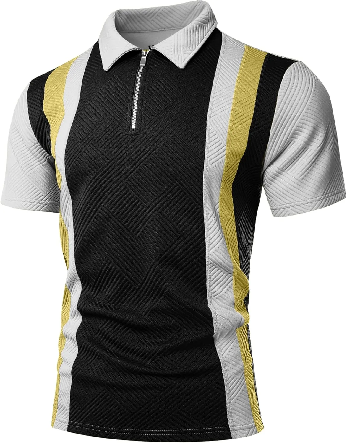 UOUA Men's Zipper Polo Shirts Short Sleeve Sweatshirts Soild Color Tops Striped Texture Casual Golf T