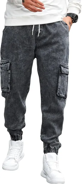 WDIRARA Men's Slim Fit Cargo Jeans Straight Leg Streetwear Denim Work Pants with Flap Pockets