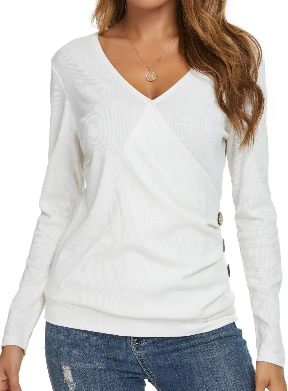 WEIYAN Women's Wrap V Neck Tops Tunic Long Sleeve Casual T-Shirts Blouse