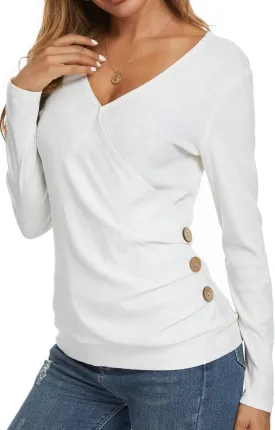 WEIYAN Women's Wrap V Neck Tops Tunic Long Sleeve Casual T-Shirts Blouse