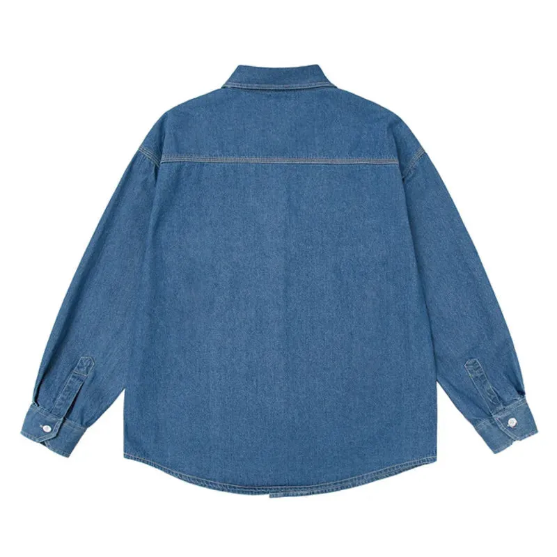 Wiaofellas  -  Mens Button Down Denim Shirt Long Sleeve Lapel Jean Shirt Casual Slim Fit Washed Denim Shirts with Chest Pockets