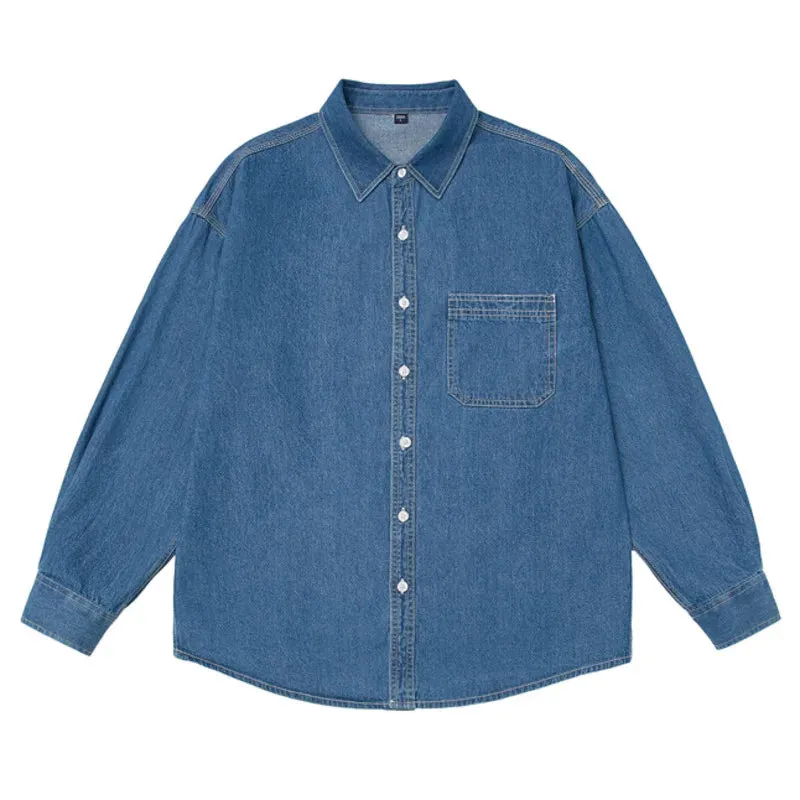 Wiaofellas  -  Mens Button Down Denim Shirt Long Sleeve Lapel Jean Shirt Casual Slim Fit Washed Denim Shirts with Chest Pockets