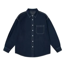 Wiaofellas  -  Mens Button Down Denim Shirt Long Sleeve Lapel Jean Shirt Casual Slim Fit Washed Denim Shirts with Chest Pockets