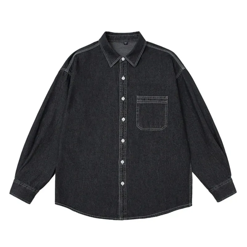 Wiaofellas  -  Mens Button Down Denim Shirt Long Sleeve Lapel Jean Shirt Casual Slim Fit Washed Denim Shirts with Chest Pockets