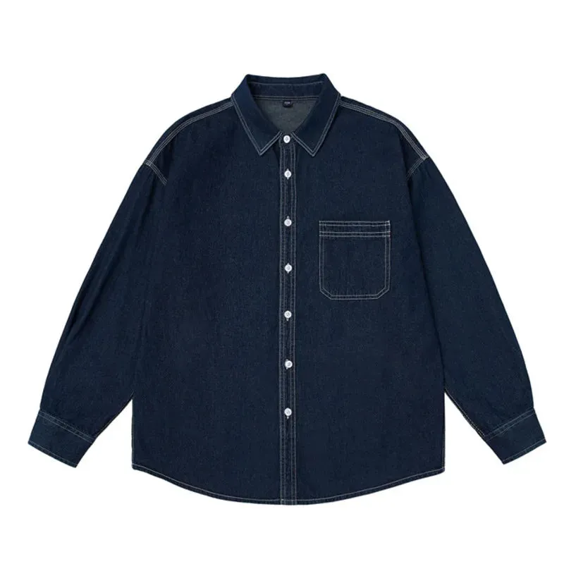 Wiaofellas  -  Mens Button Down Denim Shirt Long Sleeve Lapel Jean Shirt Casual Slim Fit Washed Denim Shirts with Chest Pockets