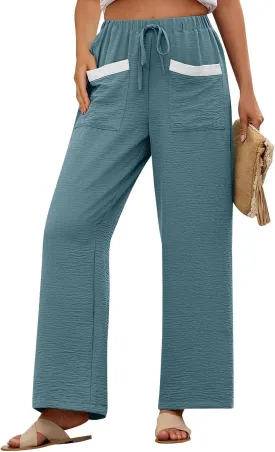 Wide Leg Pants Woman Summer Casual Flowly Slacks Trousers Beach Linen Solid Low Waist Travel Outfits with Pockets