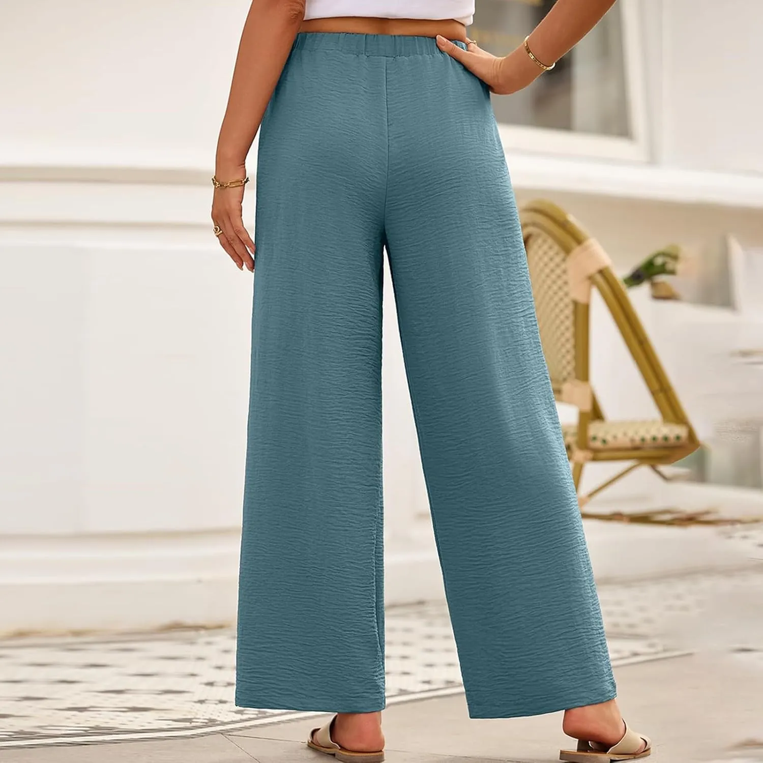 Wide Leg Pants Woman Summer Casual Flowly Slacks Trousers Beach Linen Solid Low Waist Travel Outfits with Pockets