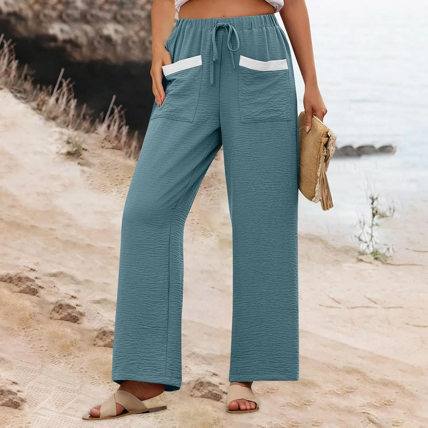 Wide Leg Pants Woman Summer Casual Flowly Slacks Trousers Beach Linen Solid Low Waist Travel Outfits with Pockets