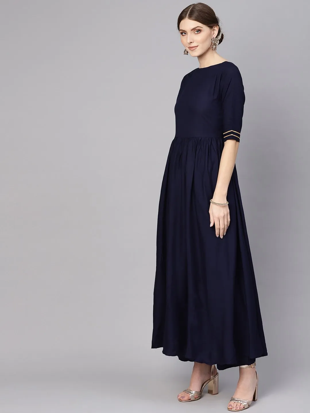 Women Navy Blue & Pink Solid Kurta With Palazzos & Dupatta