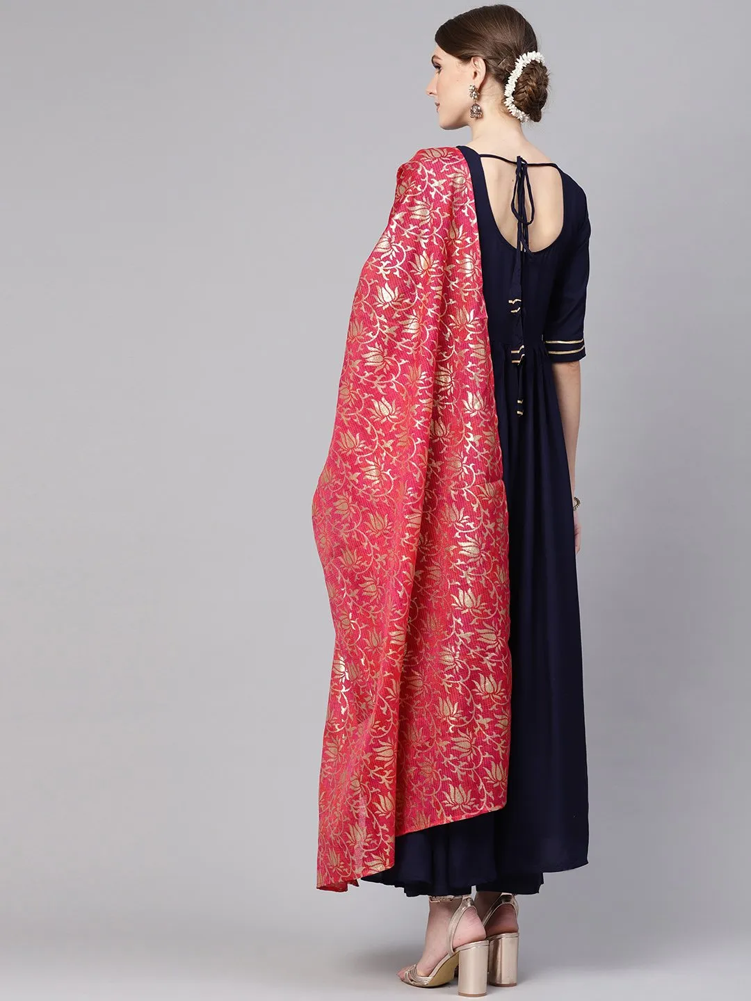 Women Navy Blue & Pink Solid Kurta With Palazzos & Dupatta