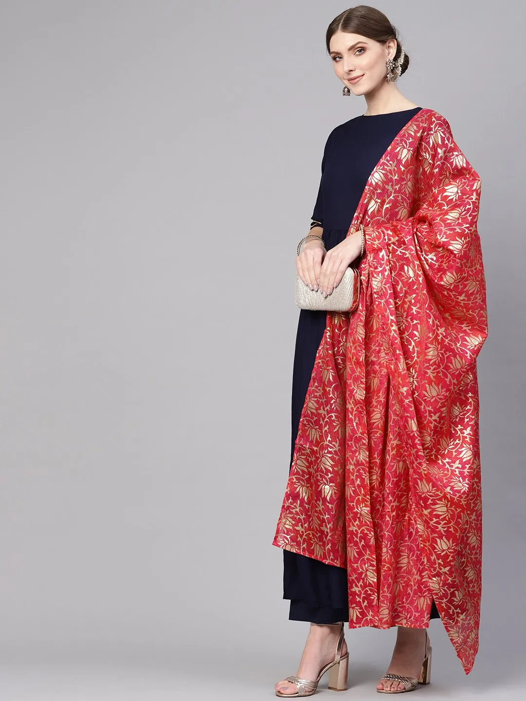 Women Navy Blue & Pink Solid Kurta With Palazzos & Dupatta