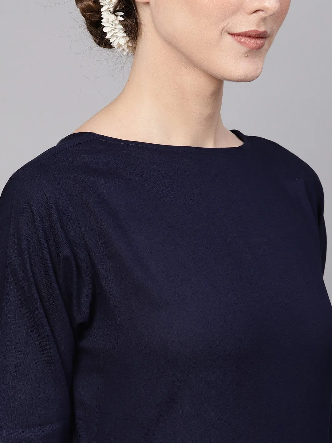 Women Navy Blue & Pink Solid Kurta With Palazzos & Dupatta