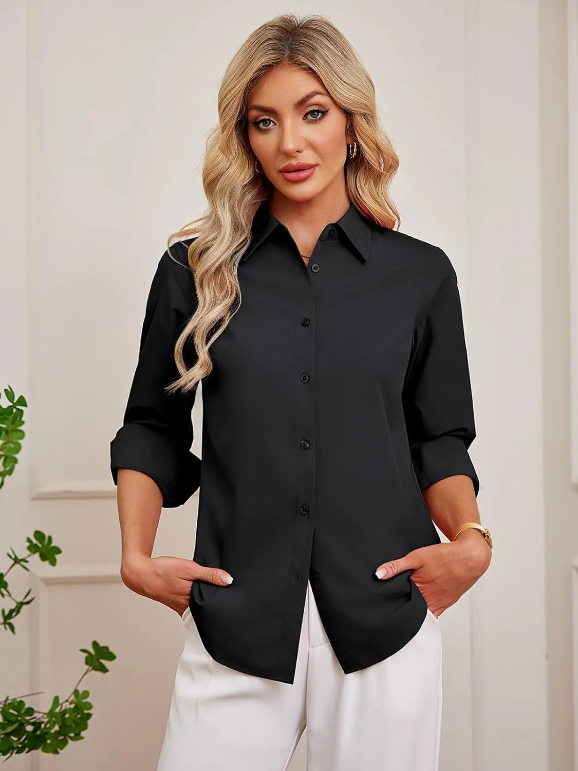 Women's Button Down Shirts Fitted Dress Shirts Collared Long Sleeve Wrinkle Free Blouse Formal Office Work Tunic Tops