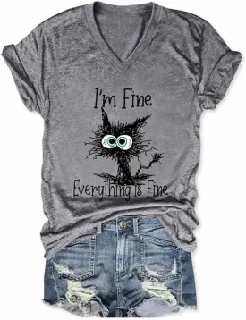Womens I'm Fine Everything is Fine T Shirts Casual Summer V Neck Cat Graphic Tees Teen Girl Funny Tops