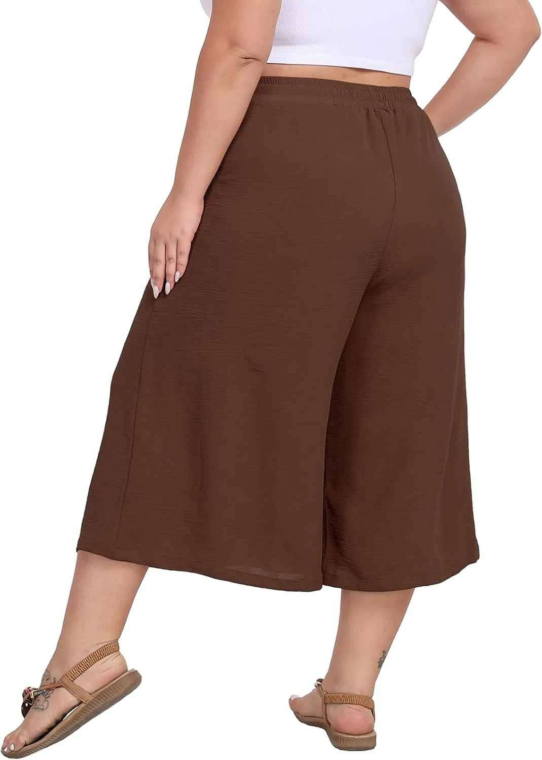 Women's Plus Size Capri Culottes Pants High Waisted Wide Leg Palazzo Trousers with Pockets for Summer Casual Wear