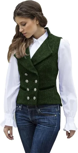 Women's Vest Herringbone Tweed Formal Double Breasted Dressy Waistcoat Sleeveless Jacket