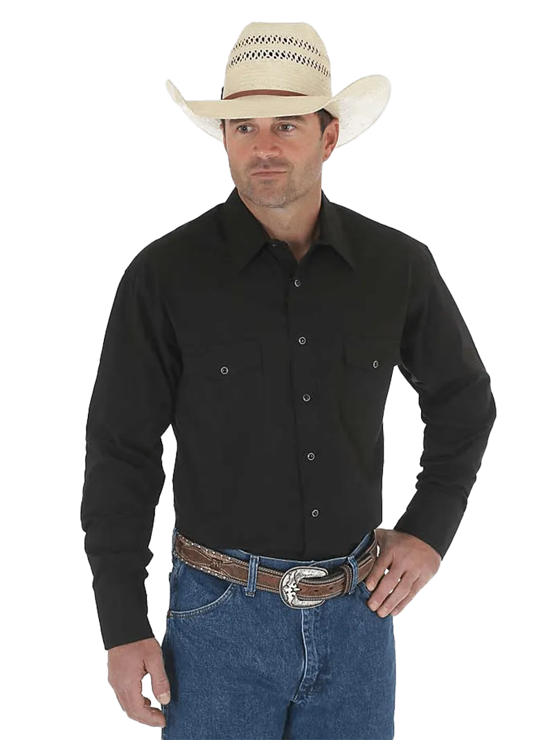 Wrangler Men's Long Sleeve Snap Solid Black Shirt - Big