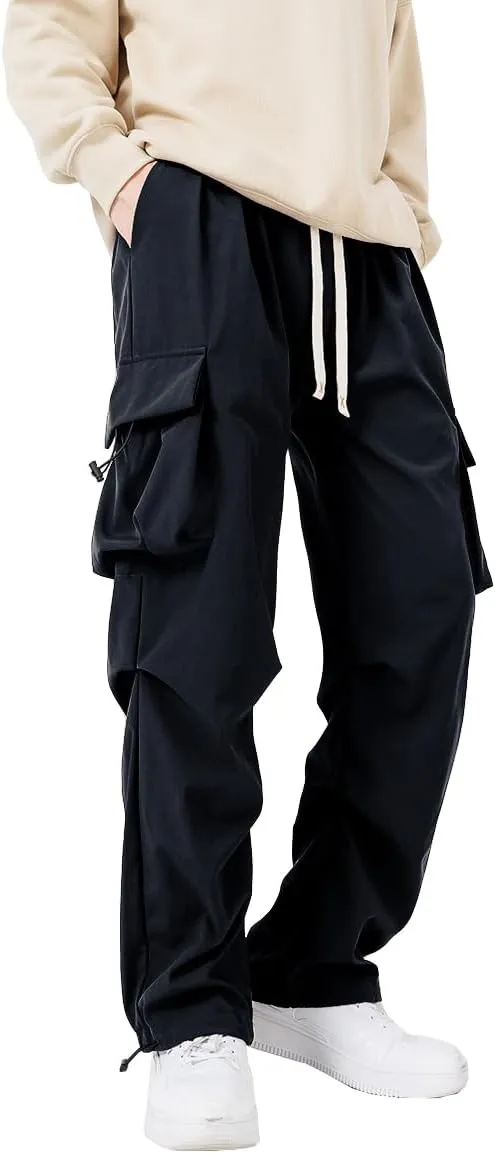 WZIKAI Men's Parachute Cargo Pants Trendy Casual Parachute Pant Baggy Drawstring Hip Hop Harem Pants with Pockets