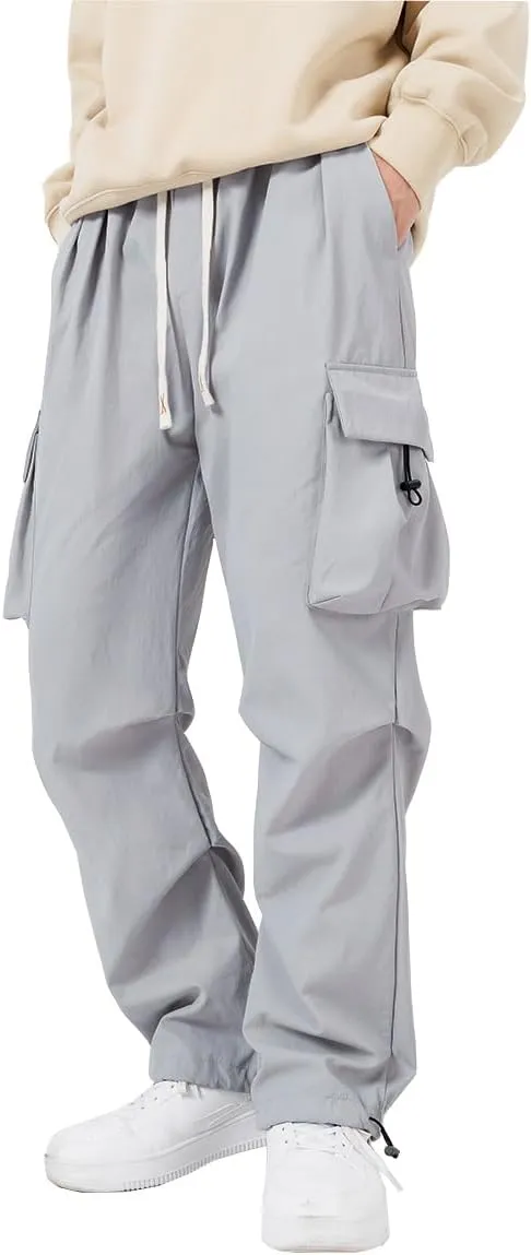 WZIKAI Men's Parachute Cargo Pants Trendy Casual Parachute Pant Baggy Drawstring Hip Hop Harem Pants with Pockets