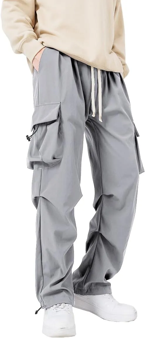 WZIKAI Men's Parachute Cargo Pants Trendy Casual Parachute Pant Baggy Drawstring Hip Hop Harem Pants with Pockets